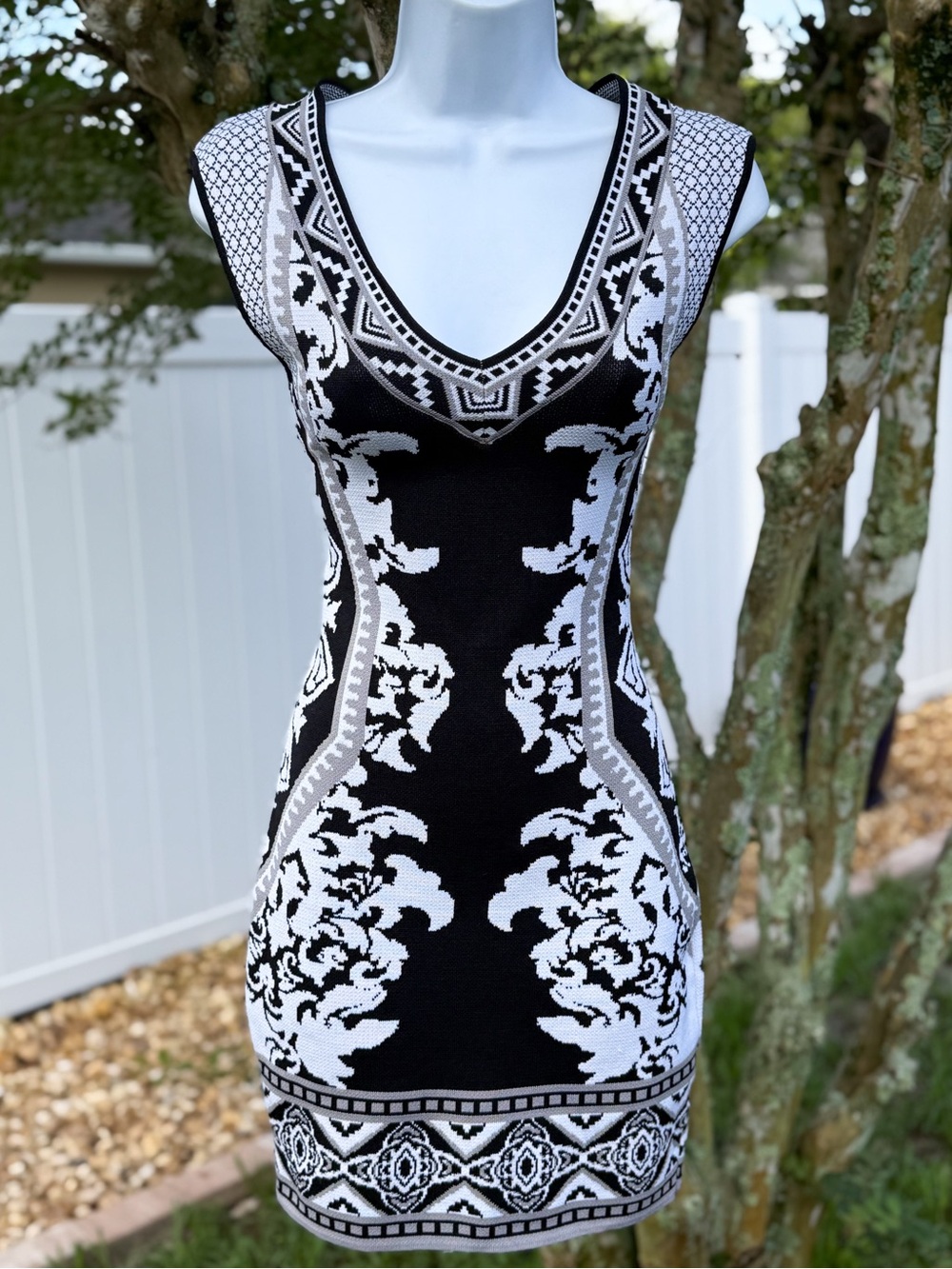 Jealous Tomato Black White Knit Bodycon Dress Boho Tribal Medium